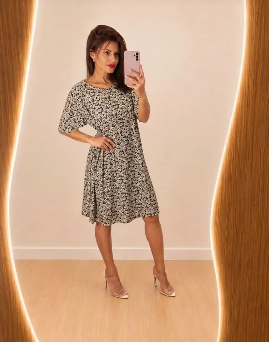 Vestido soltinho preto com estampa delicada em frente ao espelho